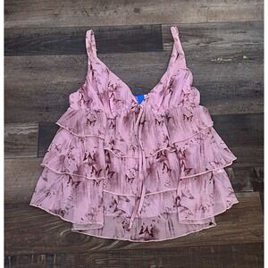 Blue Riot XO Women's Pink Butterfly Mesh Ruffle Strap Camisole Tank Top Size S